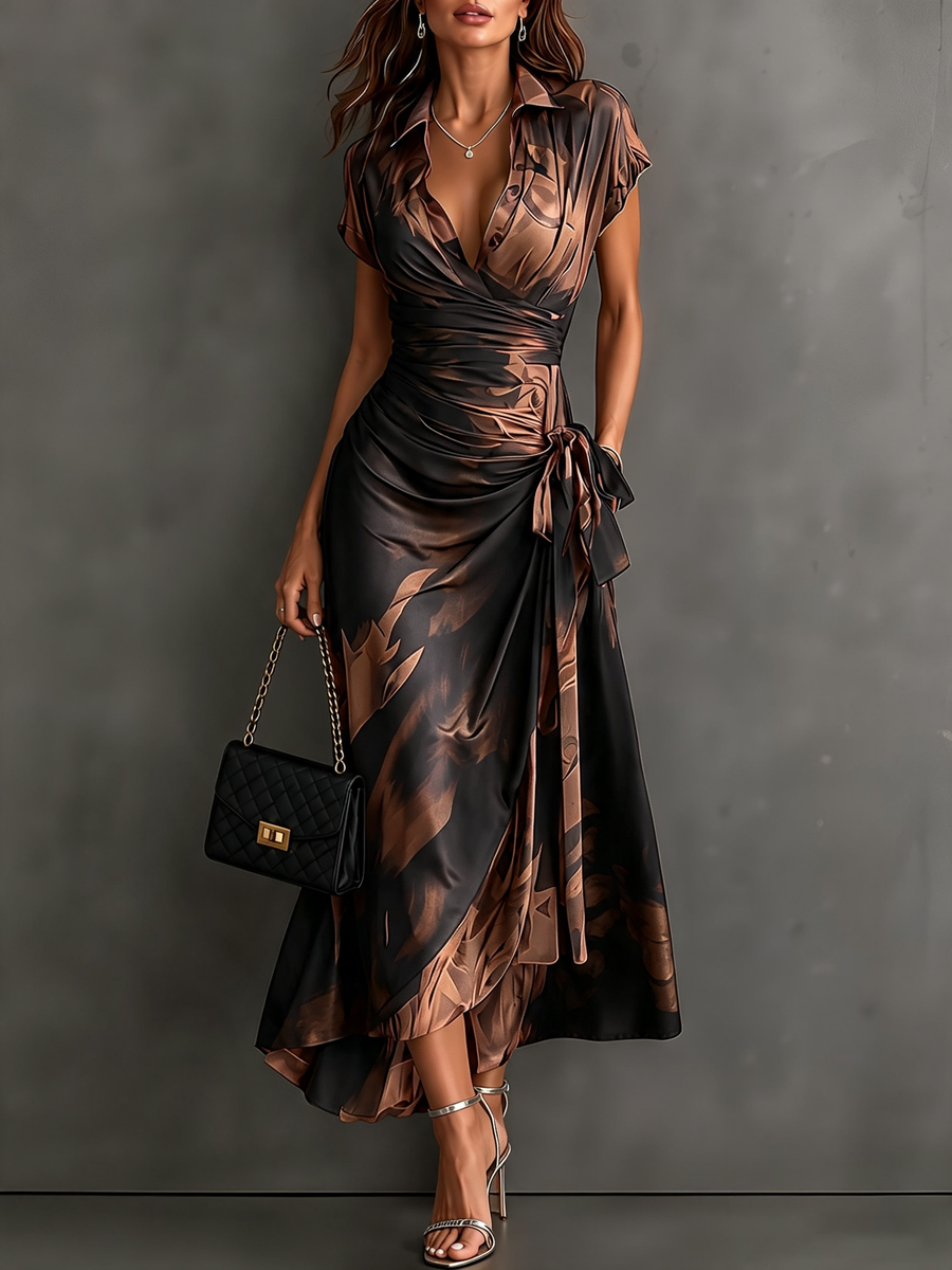 Brown & Black Abstract Wrap Midi Dress