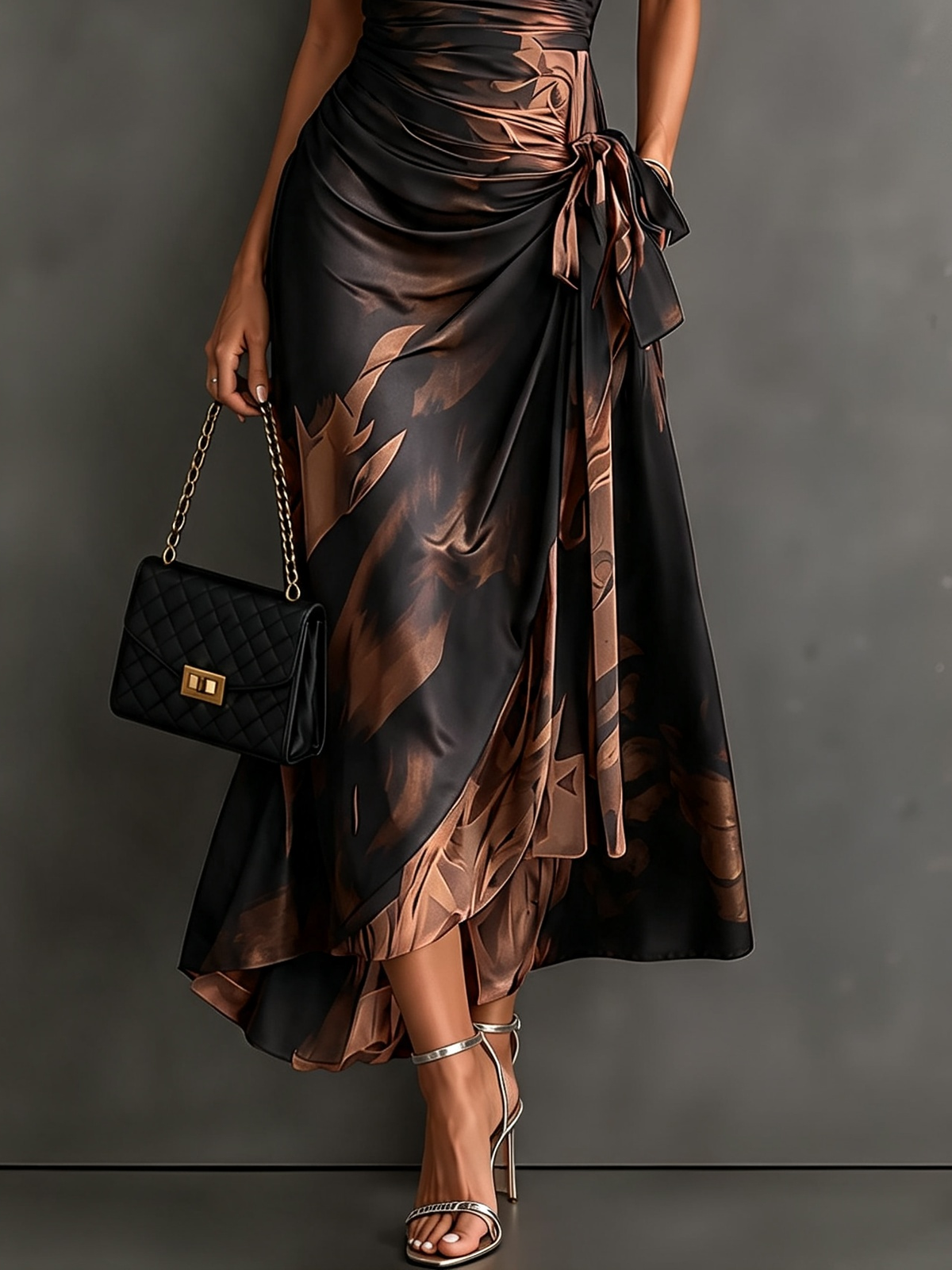 Brown & Black Abstract Wrap Midi Dress