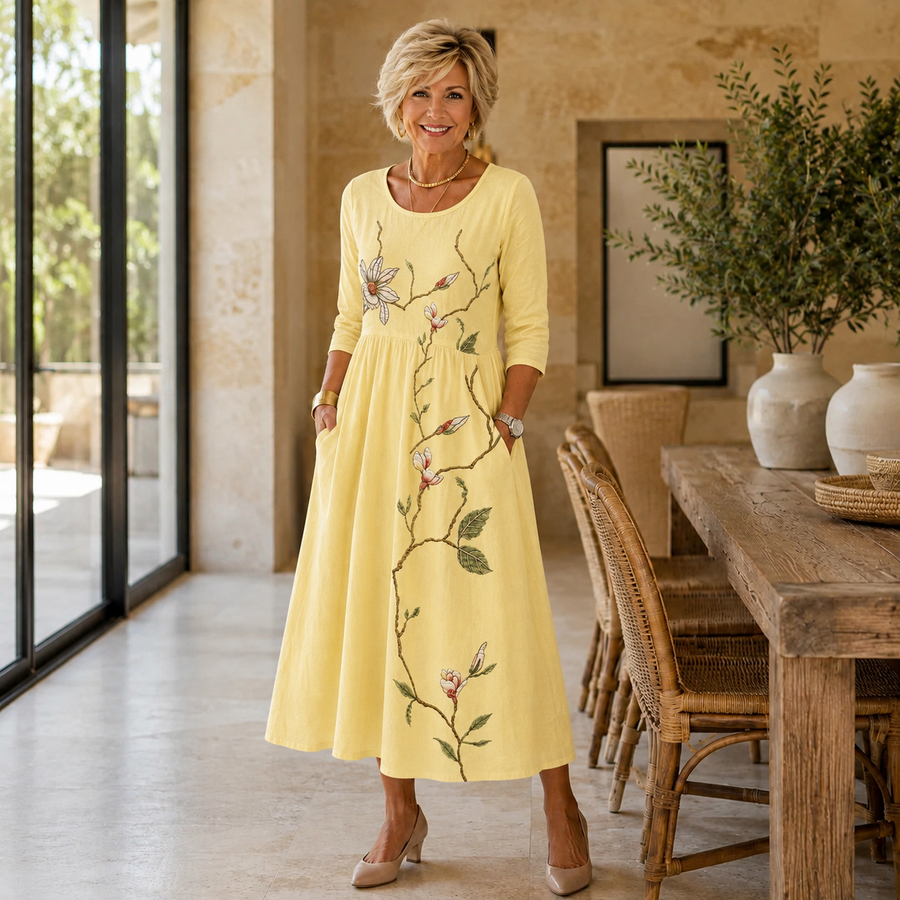 Golden Blossom Pocket Midi Dress