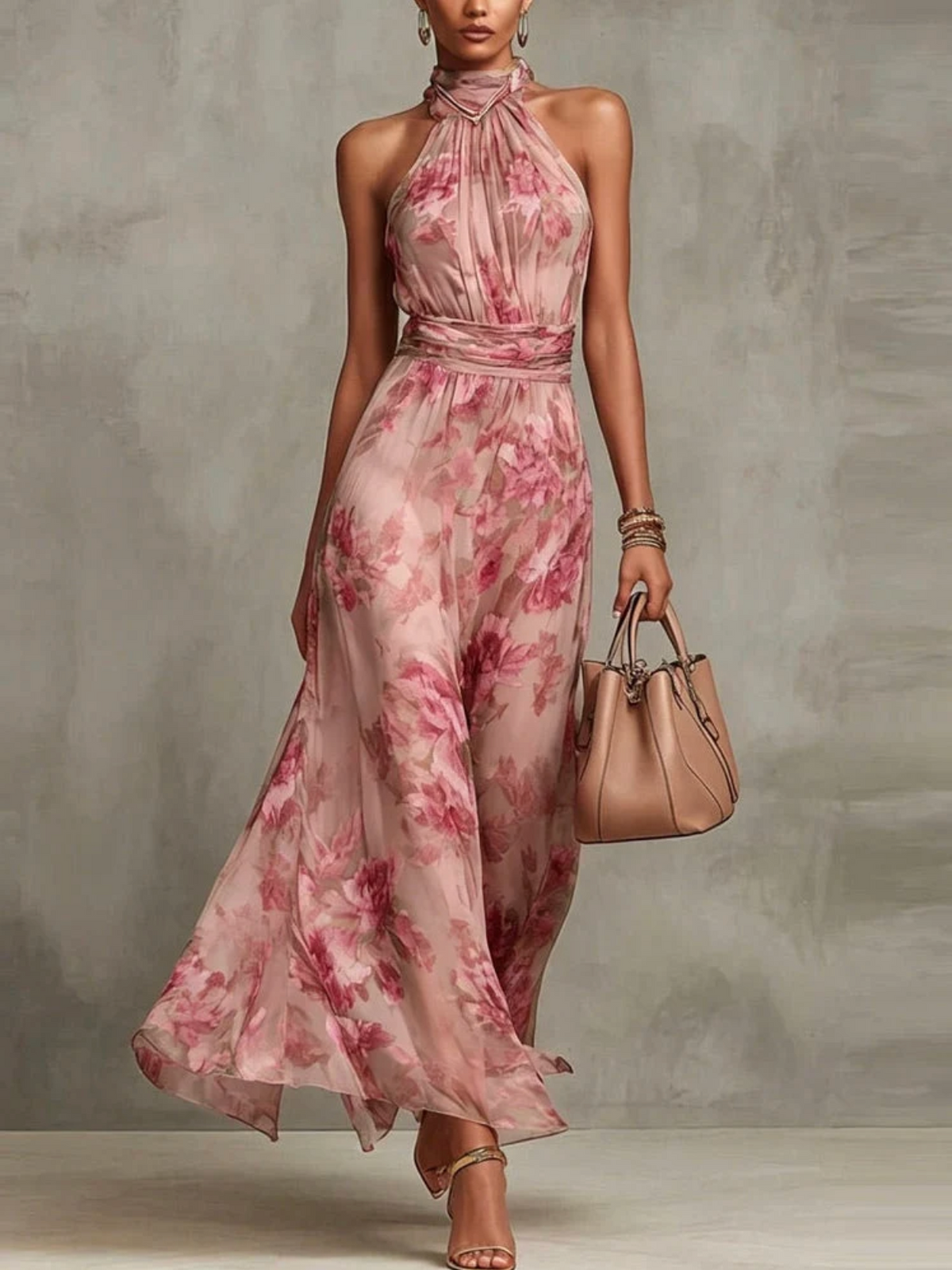 FIORI - GREEN FLORAL CHIFFON HALTER MAXI DRESS
