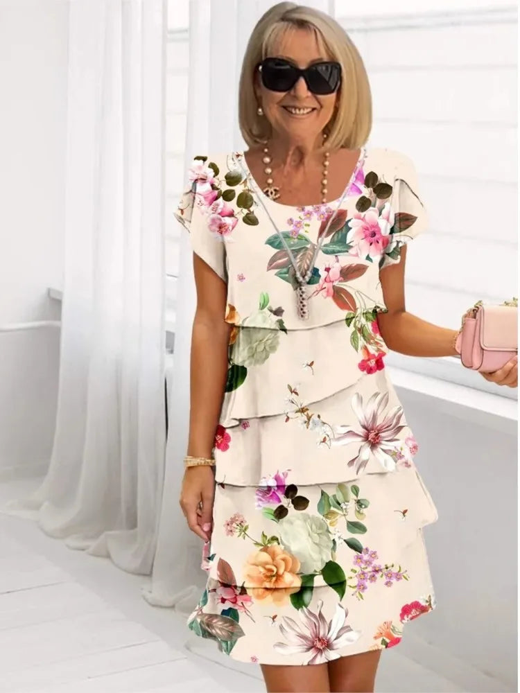 Rosalie | Women's Floral Scoop-Neck Short-Sleeve Tiered A-Line Dress