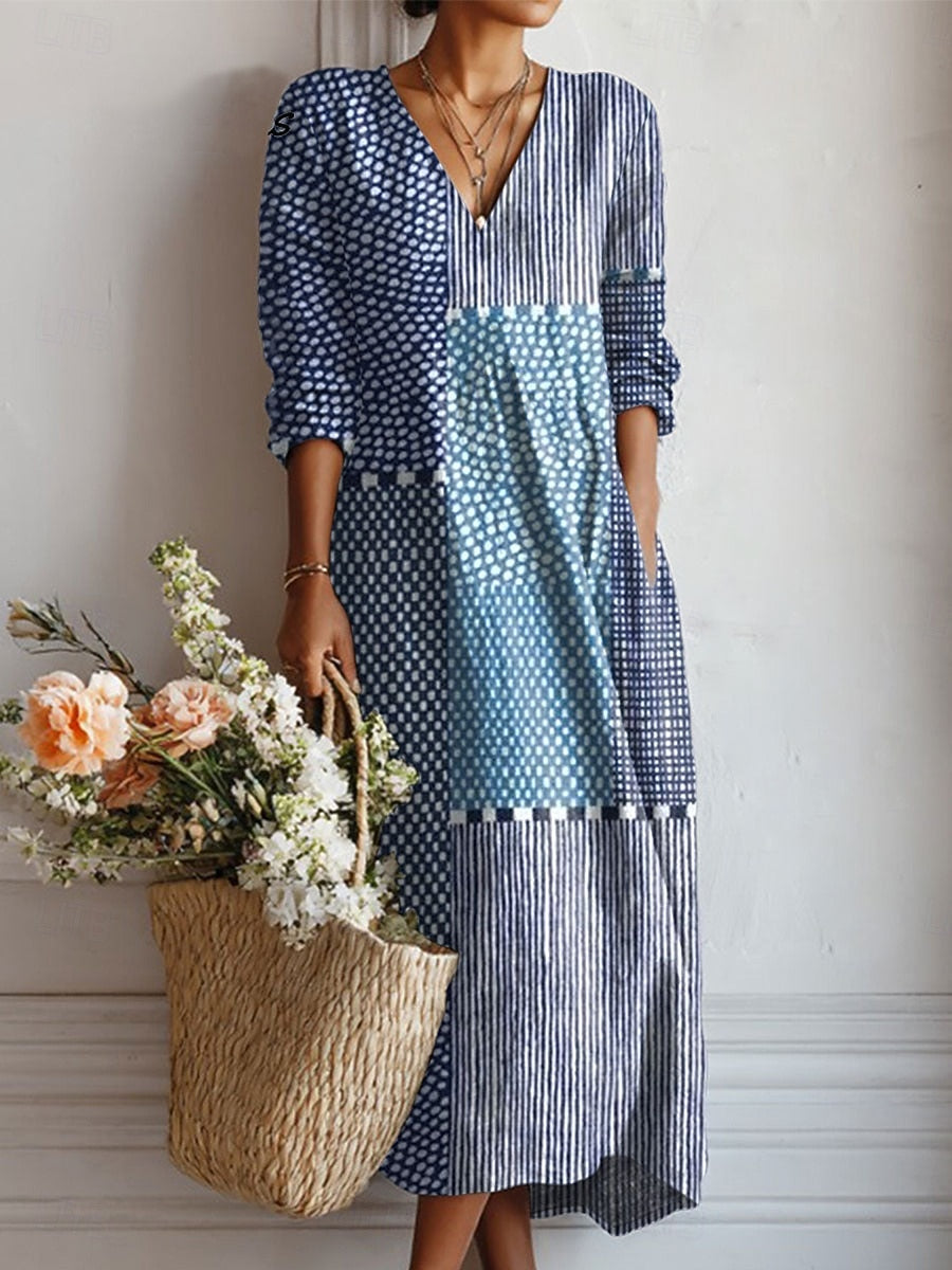 Nadia | Women's Patchwork-Print V-Neck 3/4-Sleeve A-Line Maxi Dress