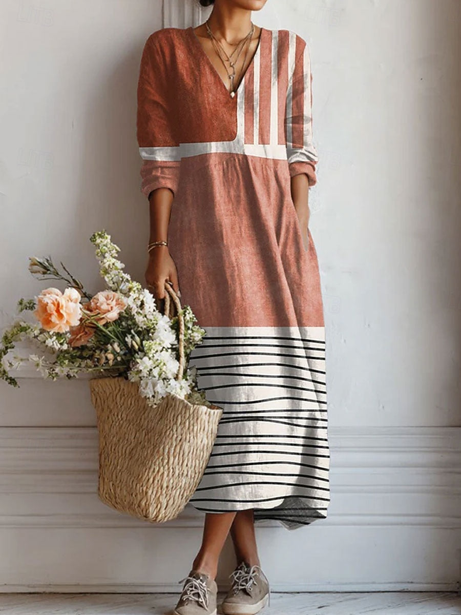 Lucille | Women's Striped Color-Block V-Neck 3/4-Sleeve A-Line Maxi Dress
