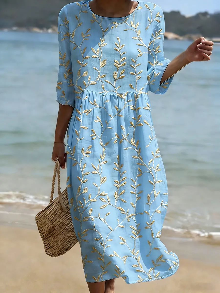 Jade | Women's Embroidered 3/4 Sleeve Floral Midi Summer Dress