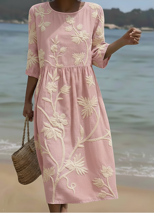 Brianna | Women's Embroidered 3/4 Sleeve Floral Midi Summer Dress