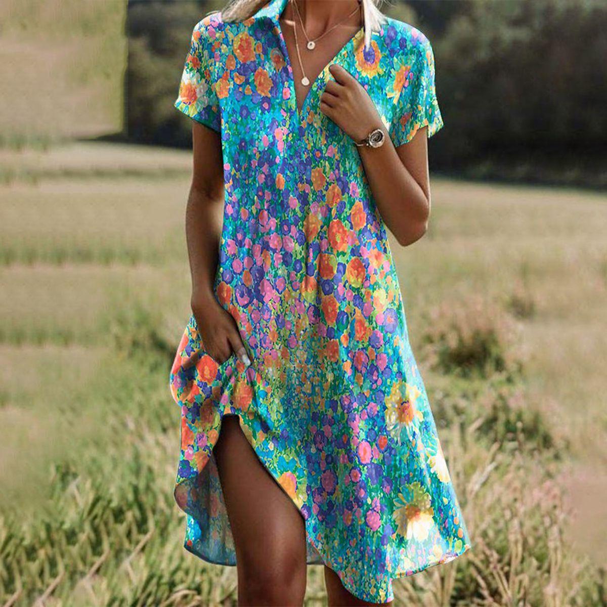 Serena | Women's Floral Boho Collared V-Neck Short-Sleeve Summer Midi Dress