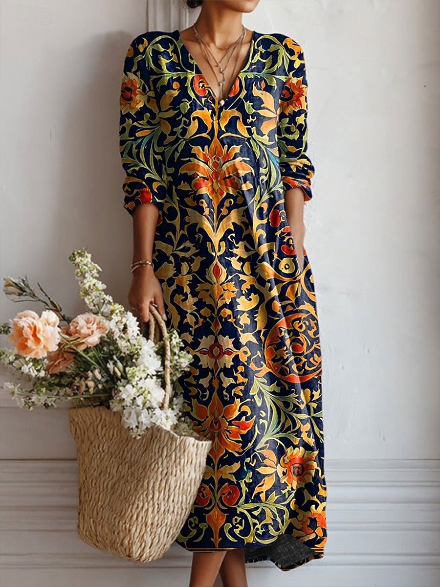 Genevieve | Women's Floral V-Neck Long-Sleeve A-Line Maxi Dress