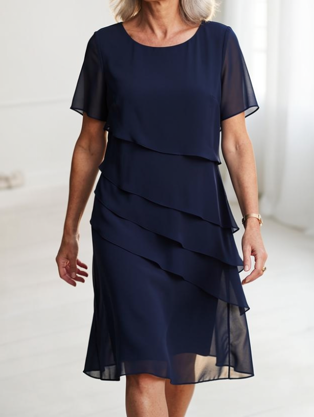Daphne | Women's Layered Round-Neck Short-Sleeve Midi Cocktail Dress