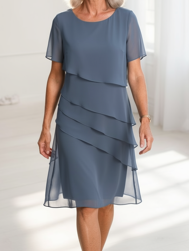 Daphne | Women's Layered Round-Neck Short-Sleeve Midi Cocktail Dress