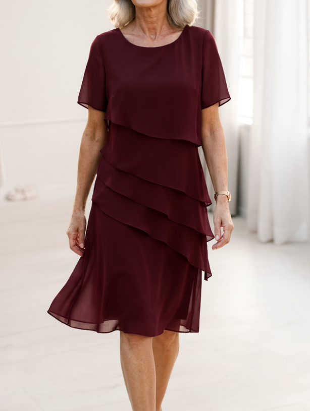 Daphne | Women's Layered Round-Neck Short-Sleeve Midi Cocktail Dress