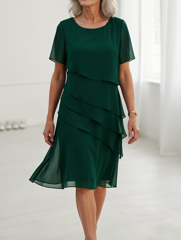 Daphne | Women's Layered Round-Neck Short-Sleeve Midi Cocktail Dress
