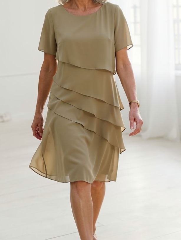 Daphne | Women's Layered Round-Neck Short-Sleeve Midi Cocktail Dress