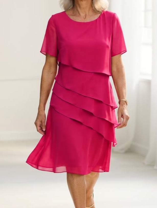 Daphne | Women's Layered Round-Neck Short-Sleeve Midi Cocktail Dress