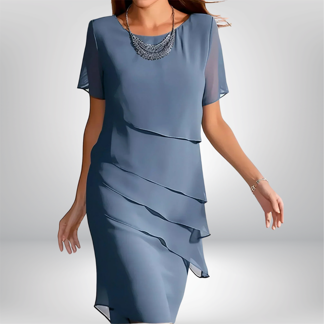 Vivienne | Women's Layered Round-Neck Short-Sleeve Asymmetric Midi Dress