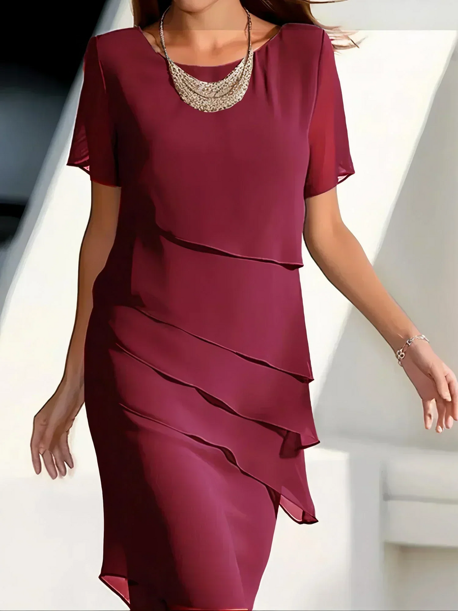 Vivienne | Women's Layered Round-Neck Short-Sleeve Asymmetric Midi Dress