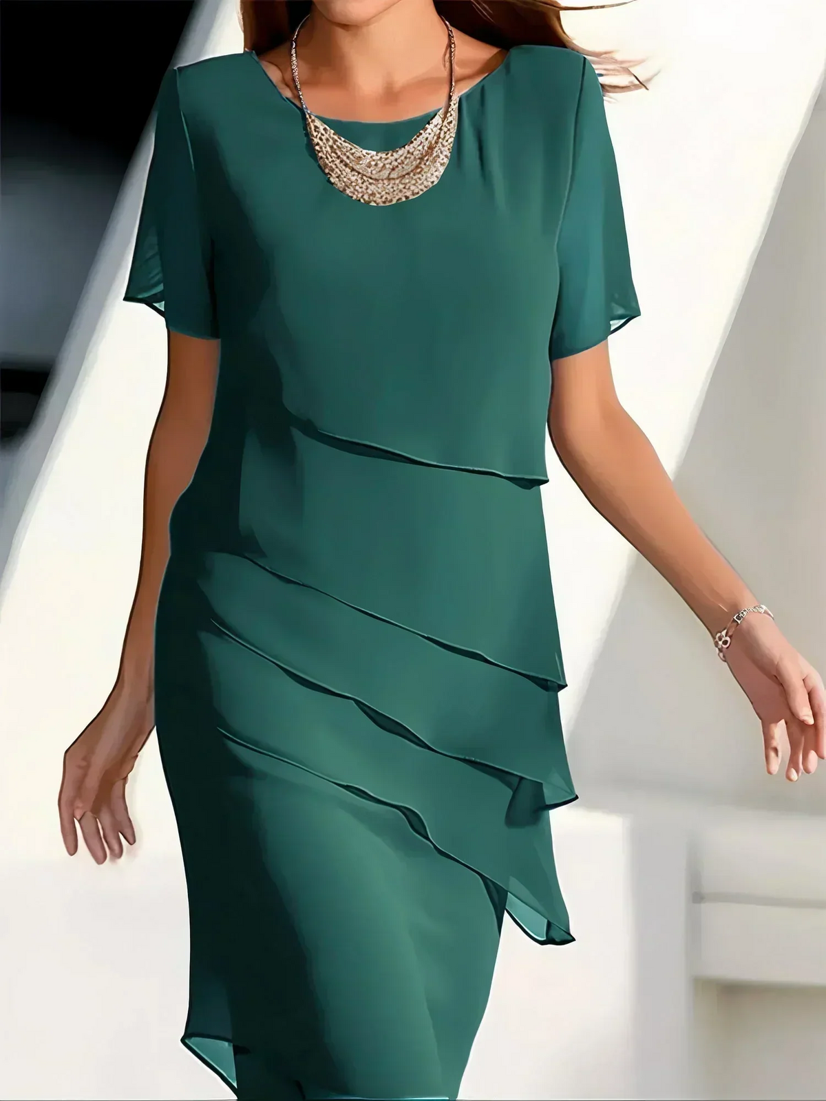 Vivienne | Women's Layered Round-Neck Short-Sleeve Asymmetric Midi Dress