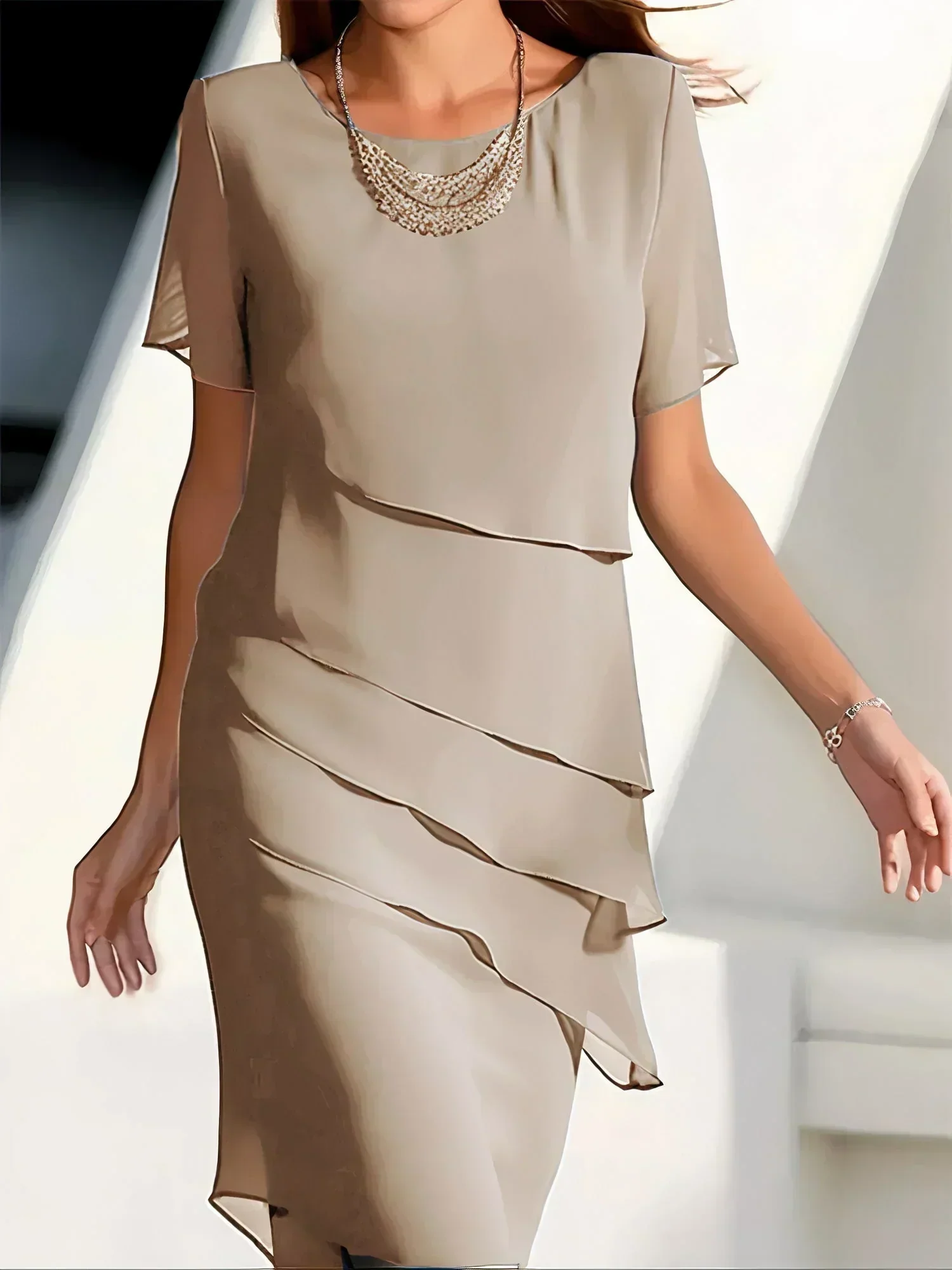 Vivienne | Women's Layered Round-Neck Short-Sleeve Asymmetric Midi Dress
