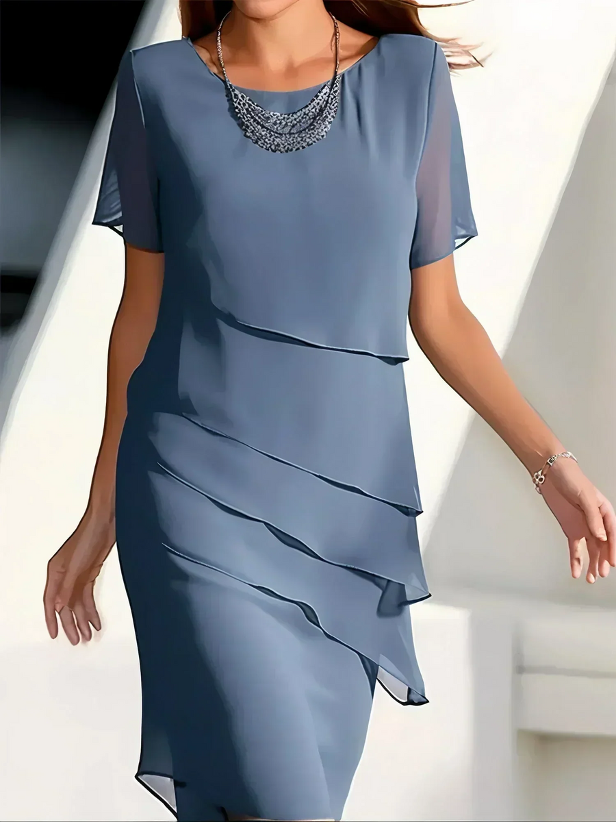 Vivienne | Women's Layered Round-Neck Short-Sleeve Asymmetric Midi Dress