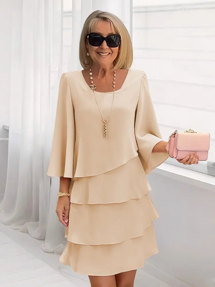 Celine | Women's Scoop-Neck 3/4-Sleeve Tiered Ruffle A-Line Dress