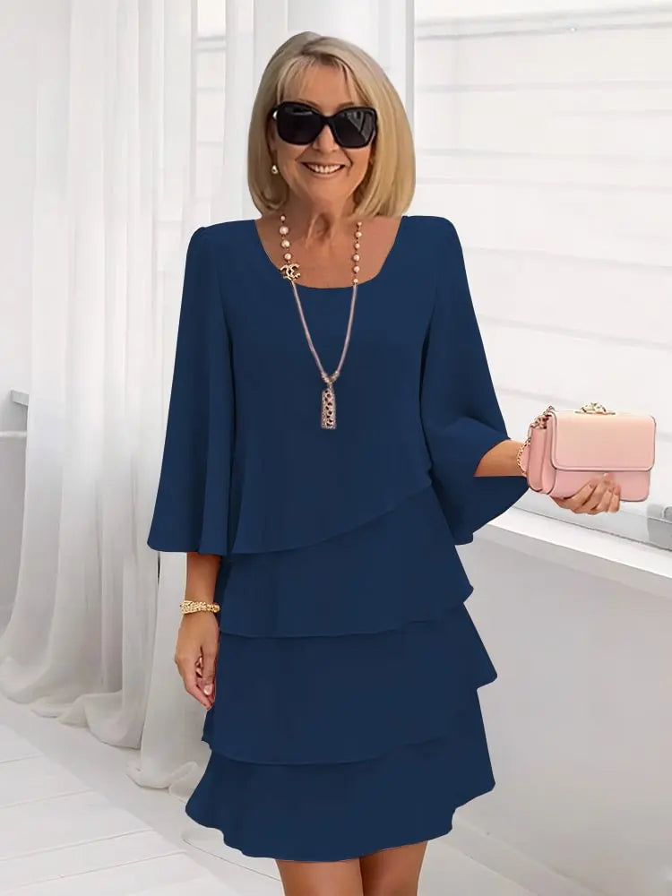 Celine | Women's Scoop-Neck 3/4-Sleeve Tiered Ruffle A-Line Dress