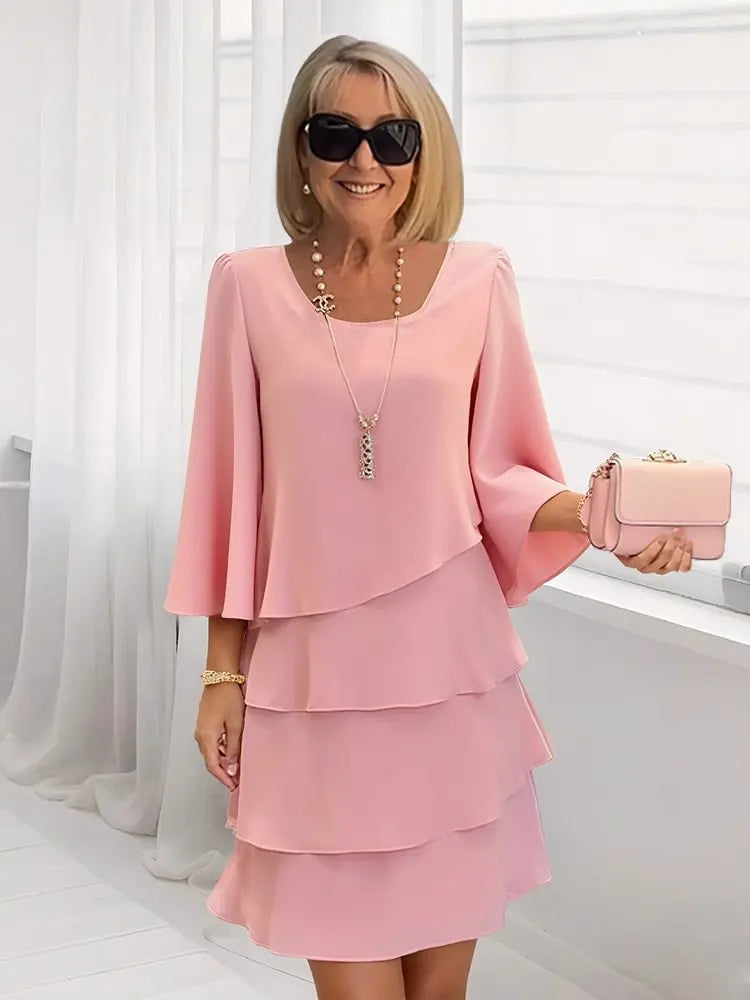 Celine | Women's Scoop-Neck 3/4-Sleeve Tiered Ruffle A-Line Dress