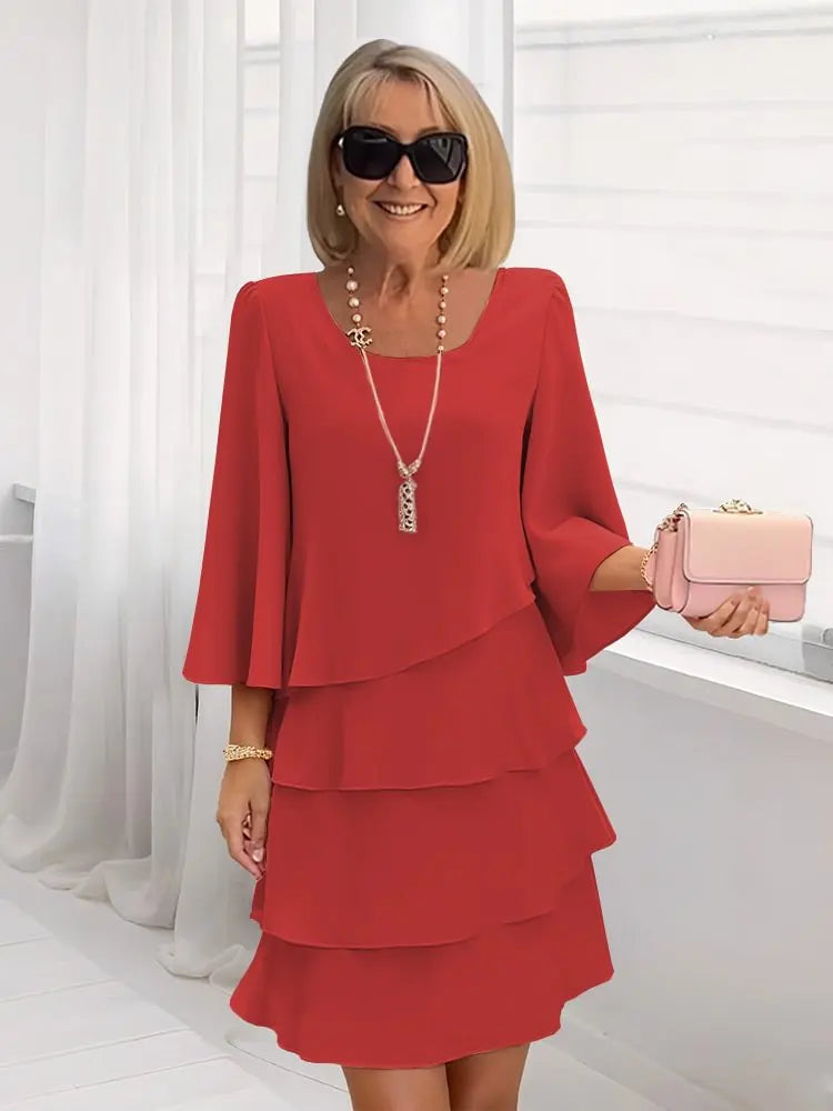 Celine | Women's Scoop-Neck 3/4-Sleeve Tiered Ruffle A-Line Dress