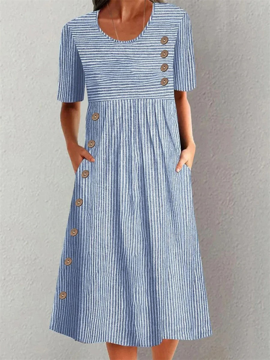 Adeline | Women's Striped Scoop-Neck Short-Sleeve A-Line Midi Dress