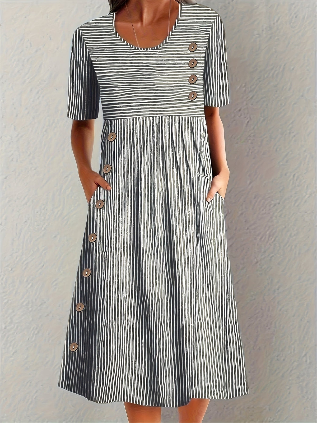 Adeline | Women's Striped Scoop-Neck Short-Sleeve A-Line Midi Dress
