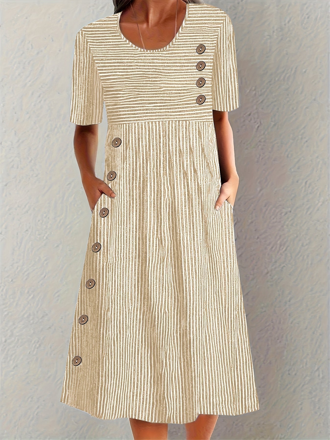 Adeline | Women's Striped Scoop-Neck Short-Sleeve A-Line Midi Dress