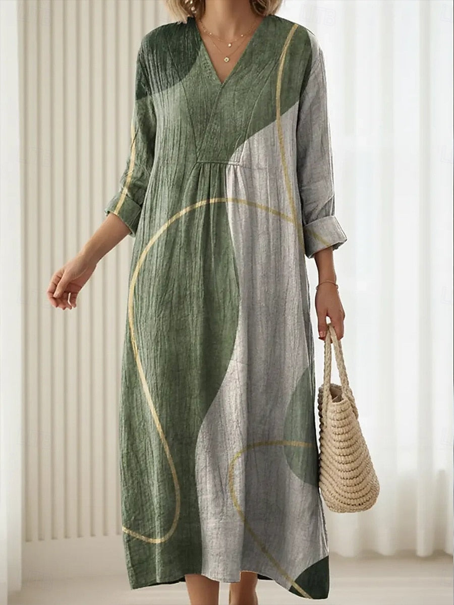 Elara | Women's Abstract-Print V-Neck 3/4-Sleeve A-Line Maxi Dress
