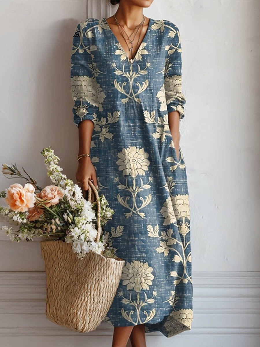 Mina | Women's Floral V-Neck 3/4-Sleeve Relaxed Maxi Dress