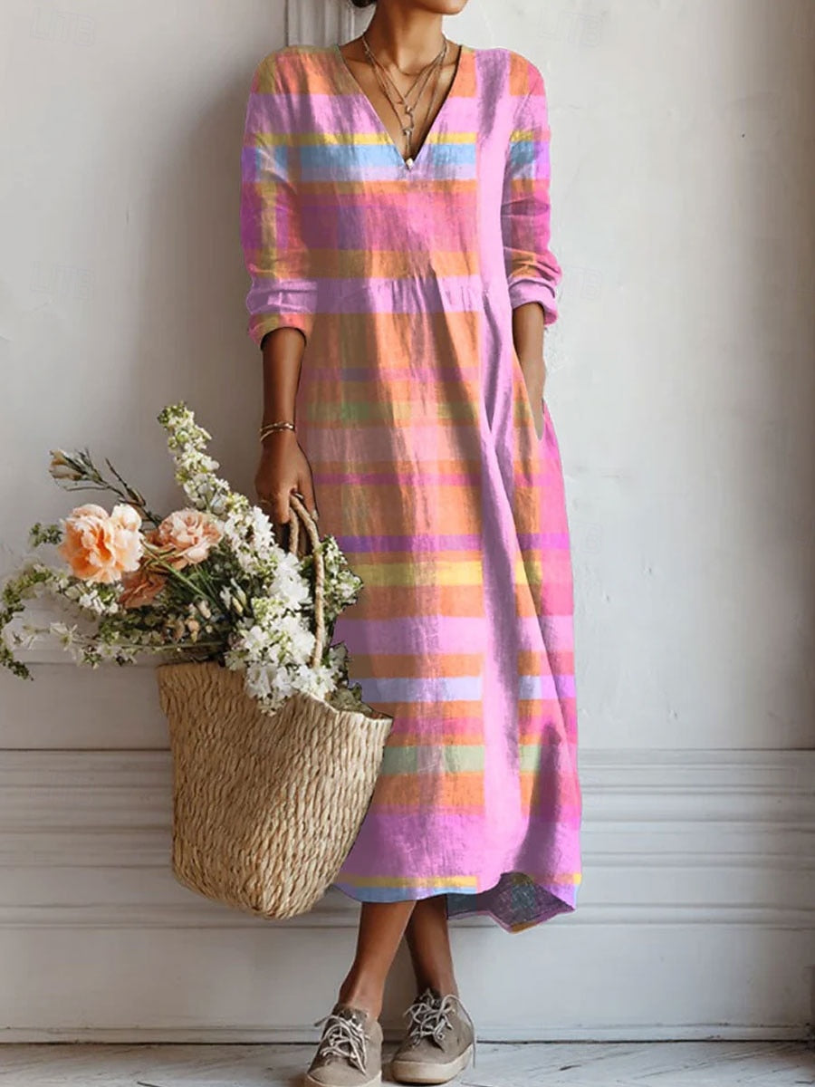 Talia | Women's Plaid V-Neck Long-Sleeve A-Line Maxi Dress