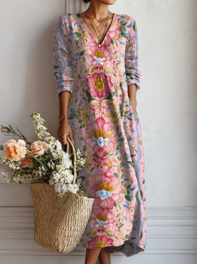 Kelly | Women's Floral V-Neck 3/4-Sleeve A-Line Maxi Dress