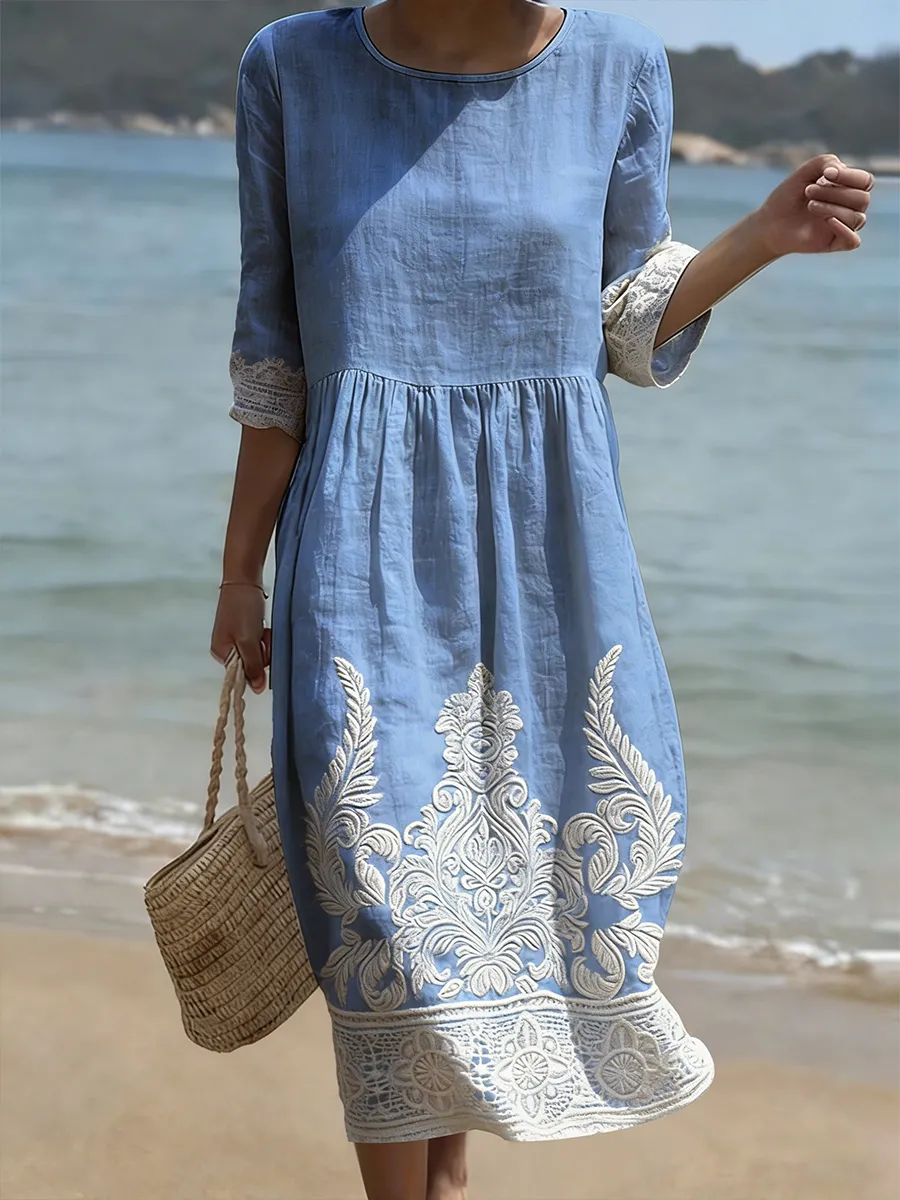 Amber | Women's Embroidered Floral Midi Summer Dress with Lace Trim