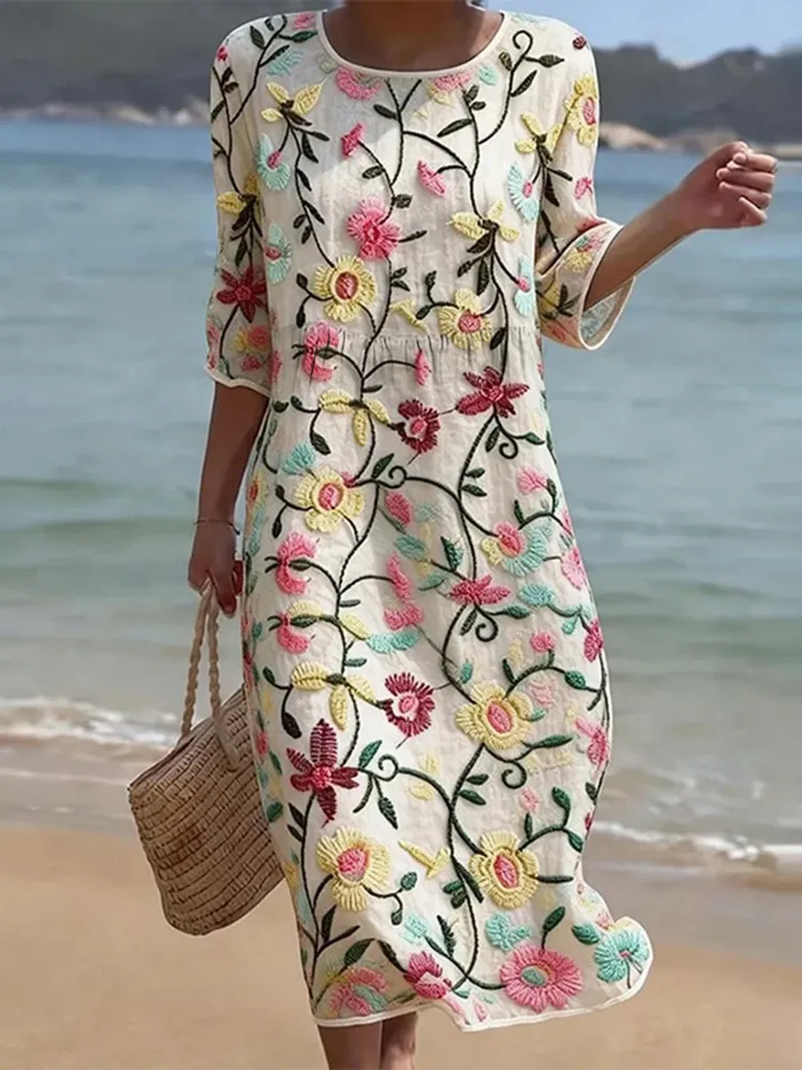 Amelia | Women's Embroidered Floral Round-Neck 3/4 Sleeve Summer Midi Dress