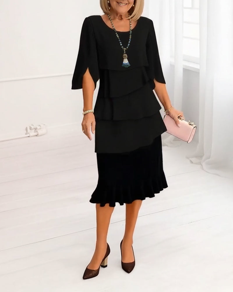 Rosie | Women's Layered Round-Neck Cape-Sleeve A-Line Midi Dress