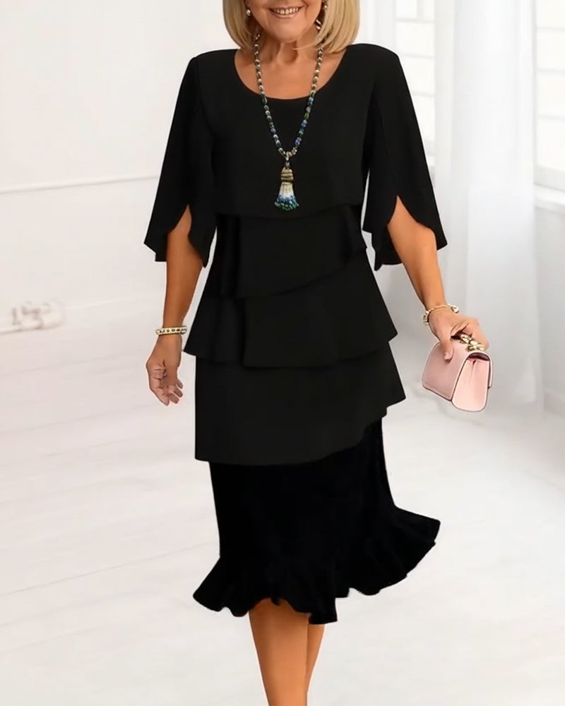 Rosie | Women's Layered Round-Neck Cape-Sleeve A-Line Midi Dress